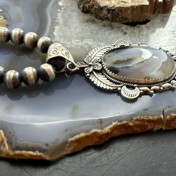 Sterling Southwestern Style Oval Moss Agate Tube Decorated Pendant For Women